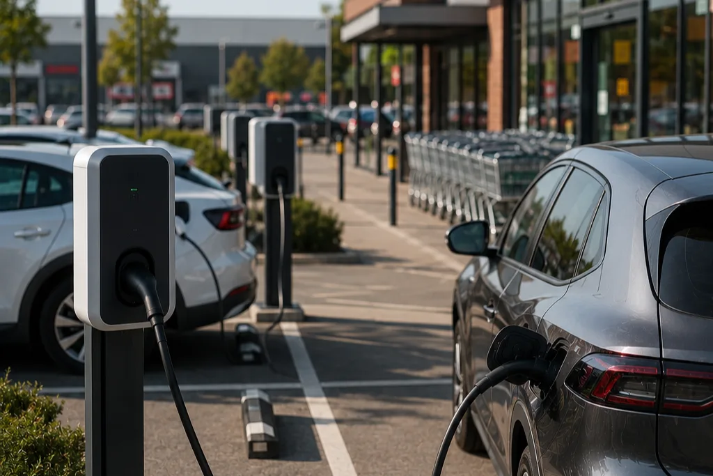 E-Autos laden an Ladesäulen auf dem Parkplatz vor dem Einzelhandel, Einkaufswagen stehen bereit.