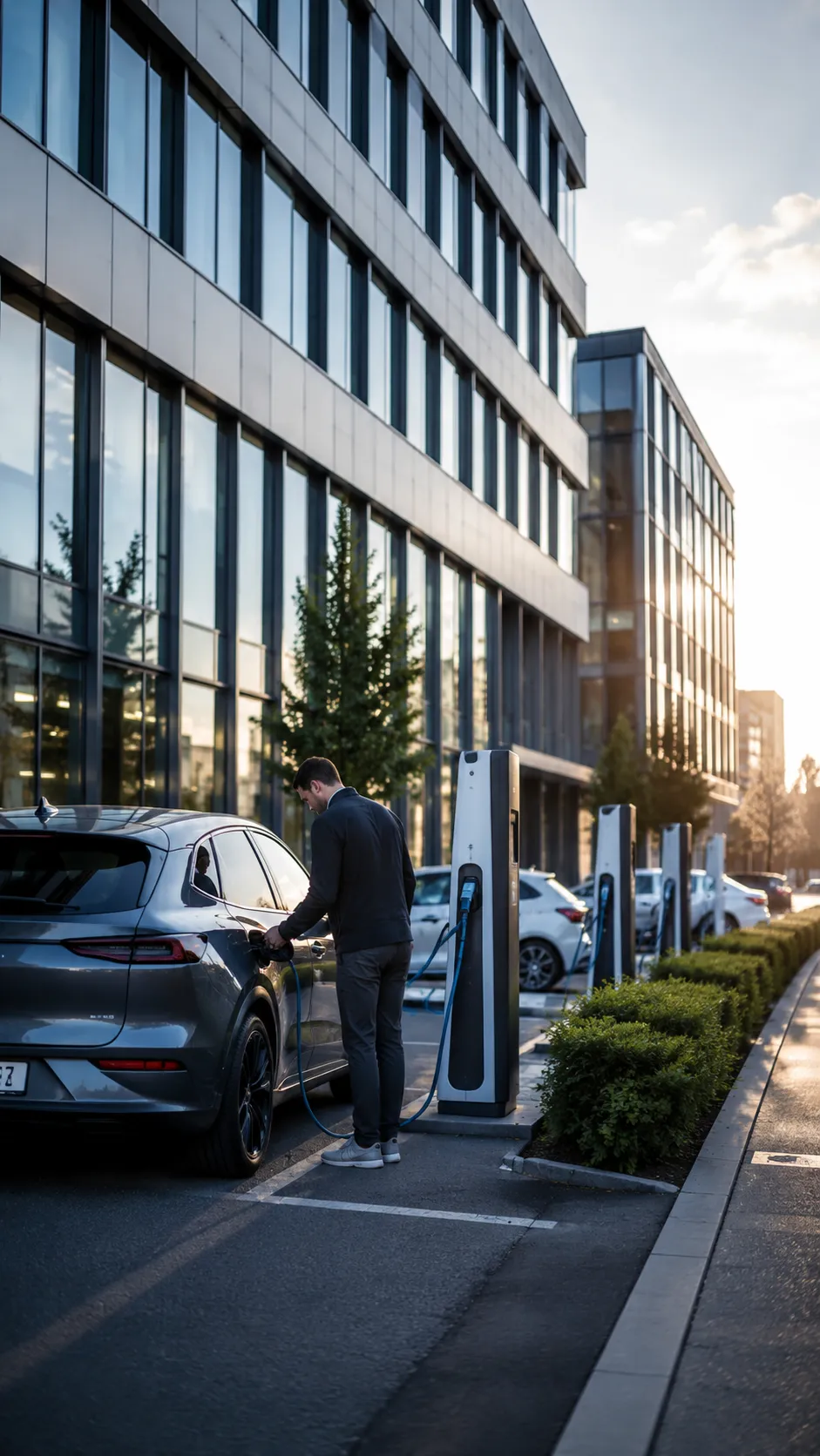 Ein Gast steckt sein Elektroauto an einer Ladesäule vor dem Gebäude an, während er zu Besuch ist.