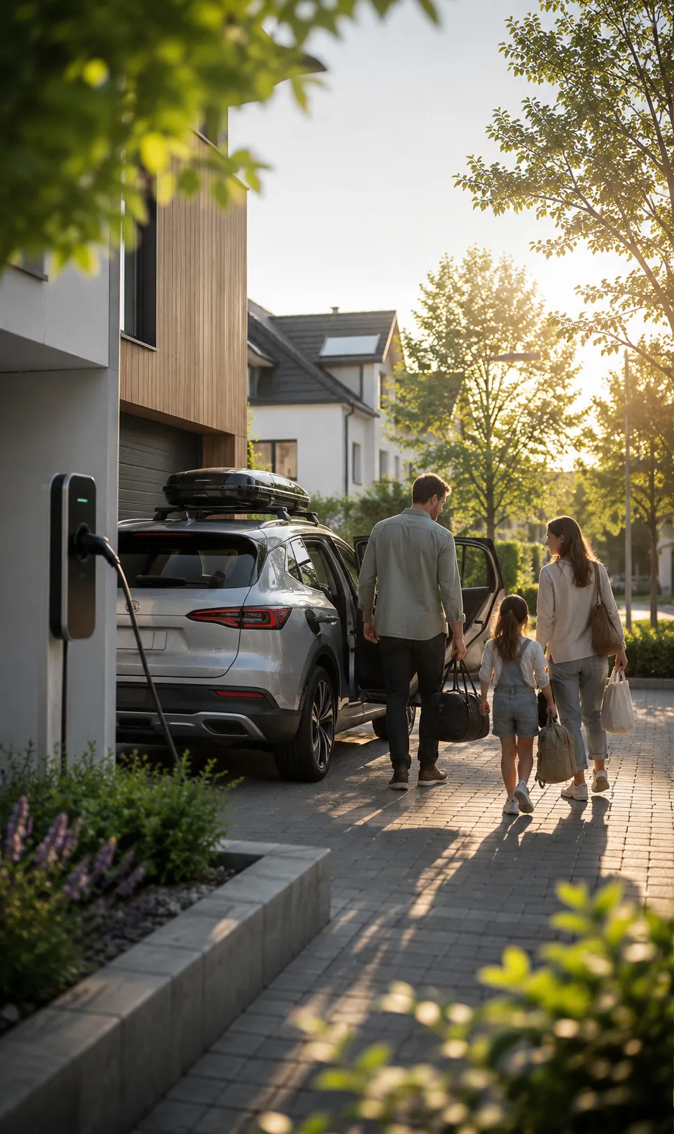 Eine Familie bricht auf, während das Elektroauto an der heimischen Wallbox lädt.