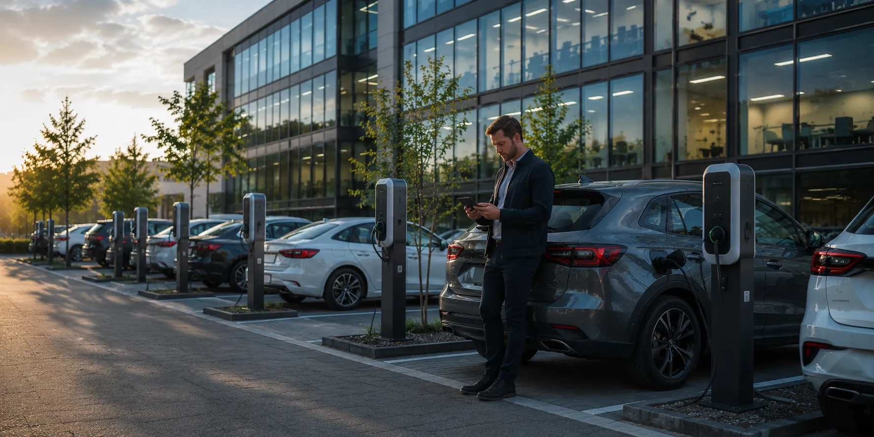 A fleet manager with a tablet in front of a long row of company cars charging at the office site.