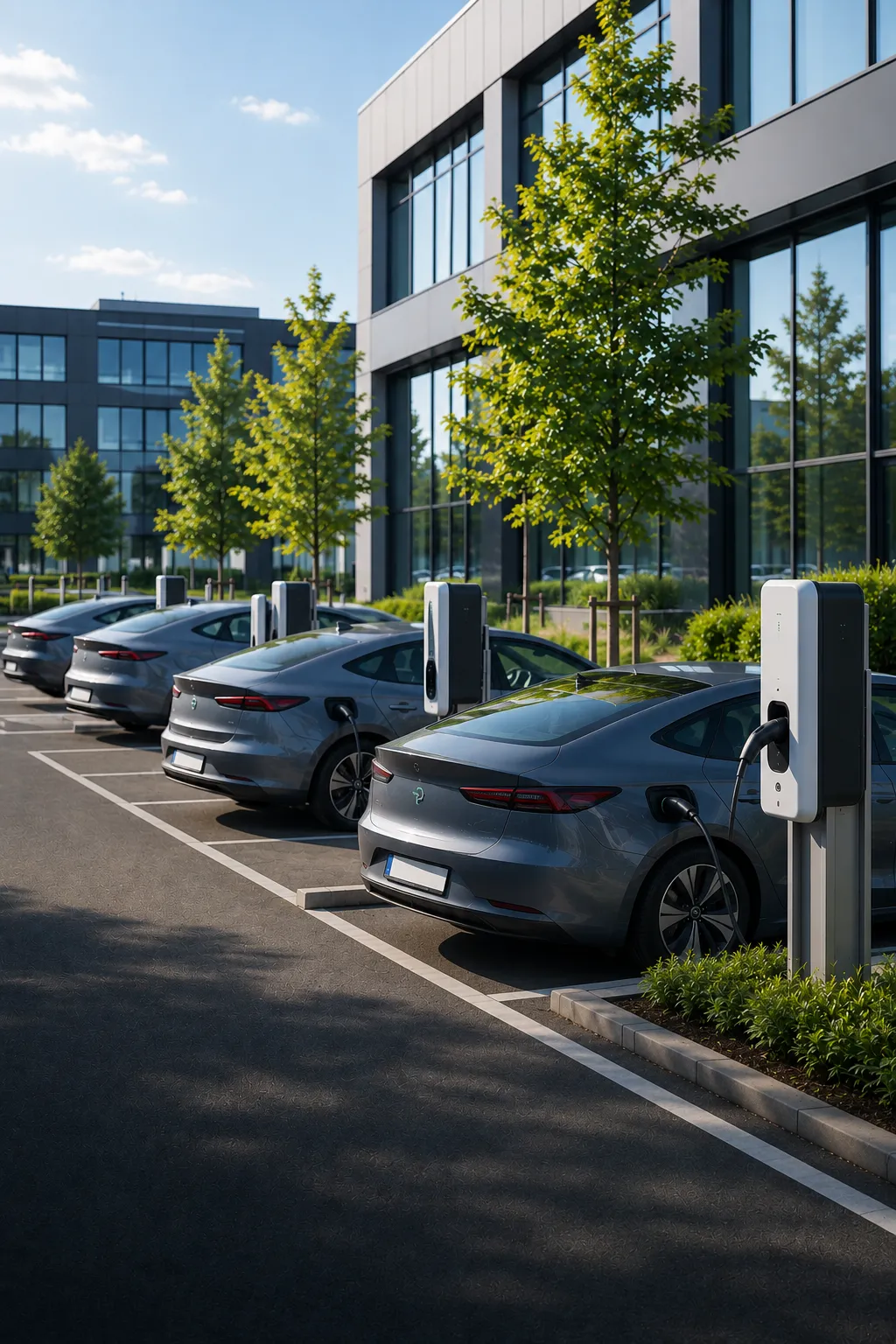 A company fleet charging at the workplace: vehicles at white wallbox pedestals in the company car park in daylight.