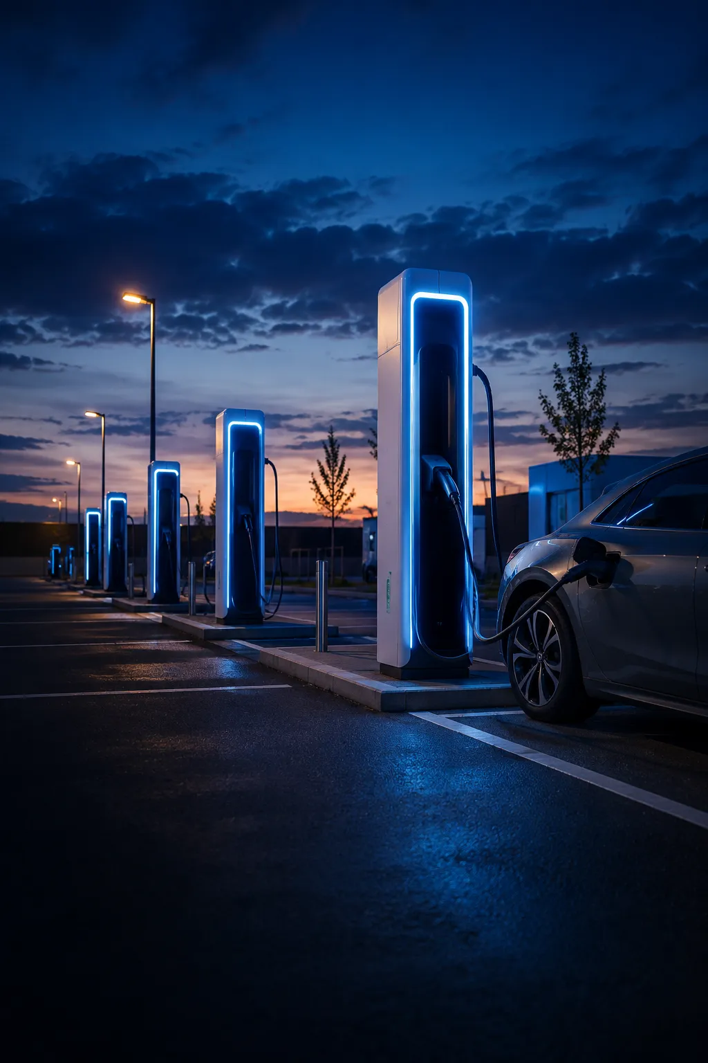 HPC-Ladesäulen mit blauer LED-Beleuchtung bei Nacht in einem Ladepark.