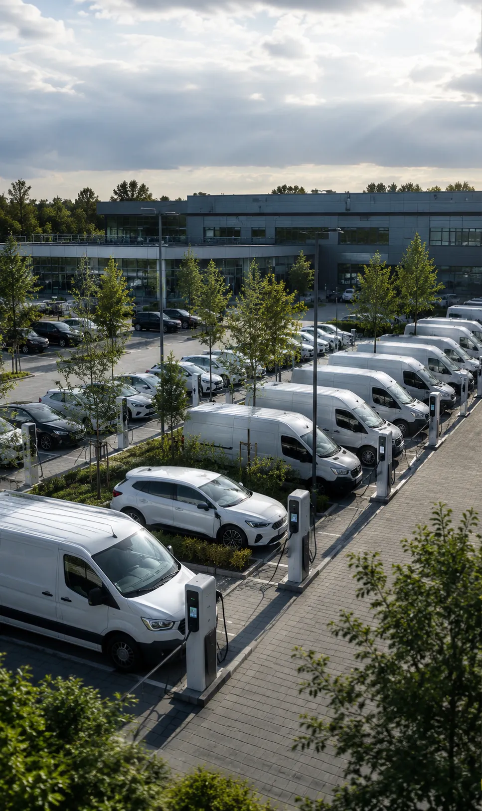 Luftaufnahme eines Ladeparks: Flottenfahrzeuge und Transporter laden an Ladesäulen vor dem Betriebsgebäude.