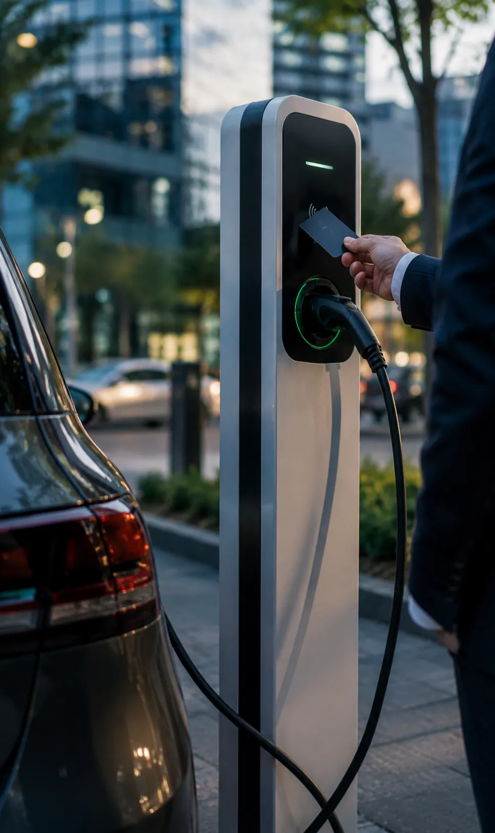 Close-up: an RFID card held to the contactless reader of a charging column.