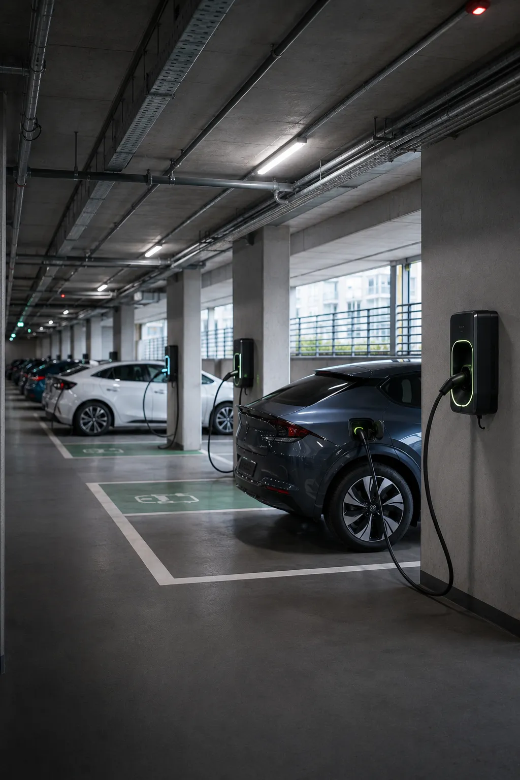 Tiefgarage mit Wallboxen und grün markierten Stellplätzen für E-Autos.
