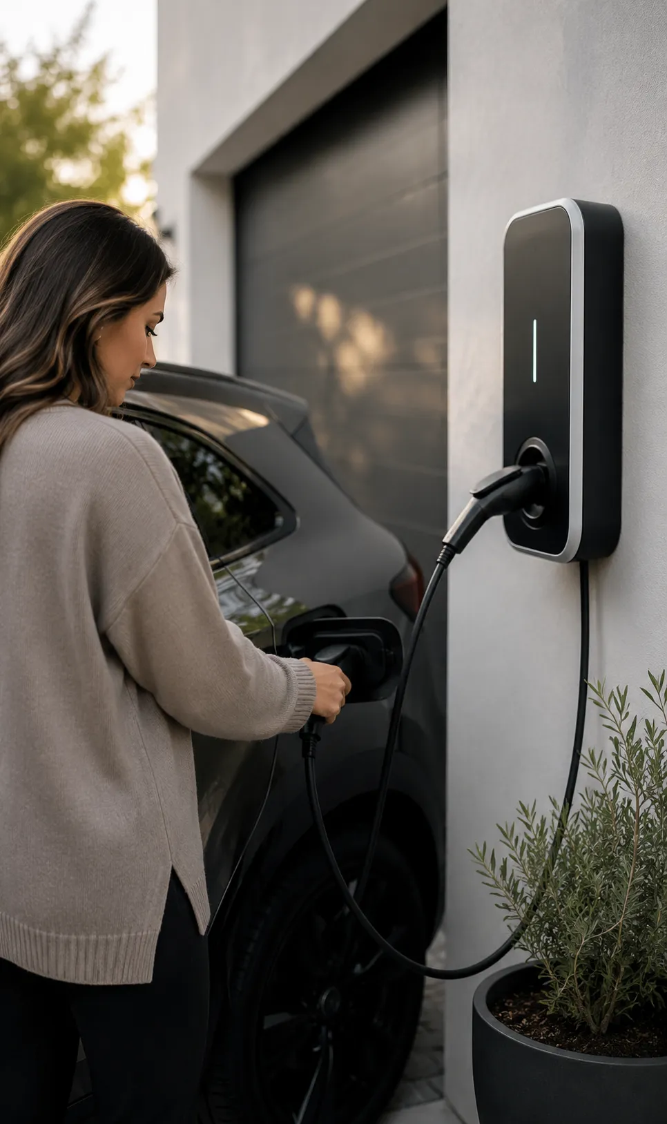 A driver plugs her electric car into the home wallbox next to the garage.