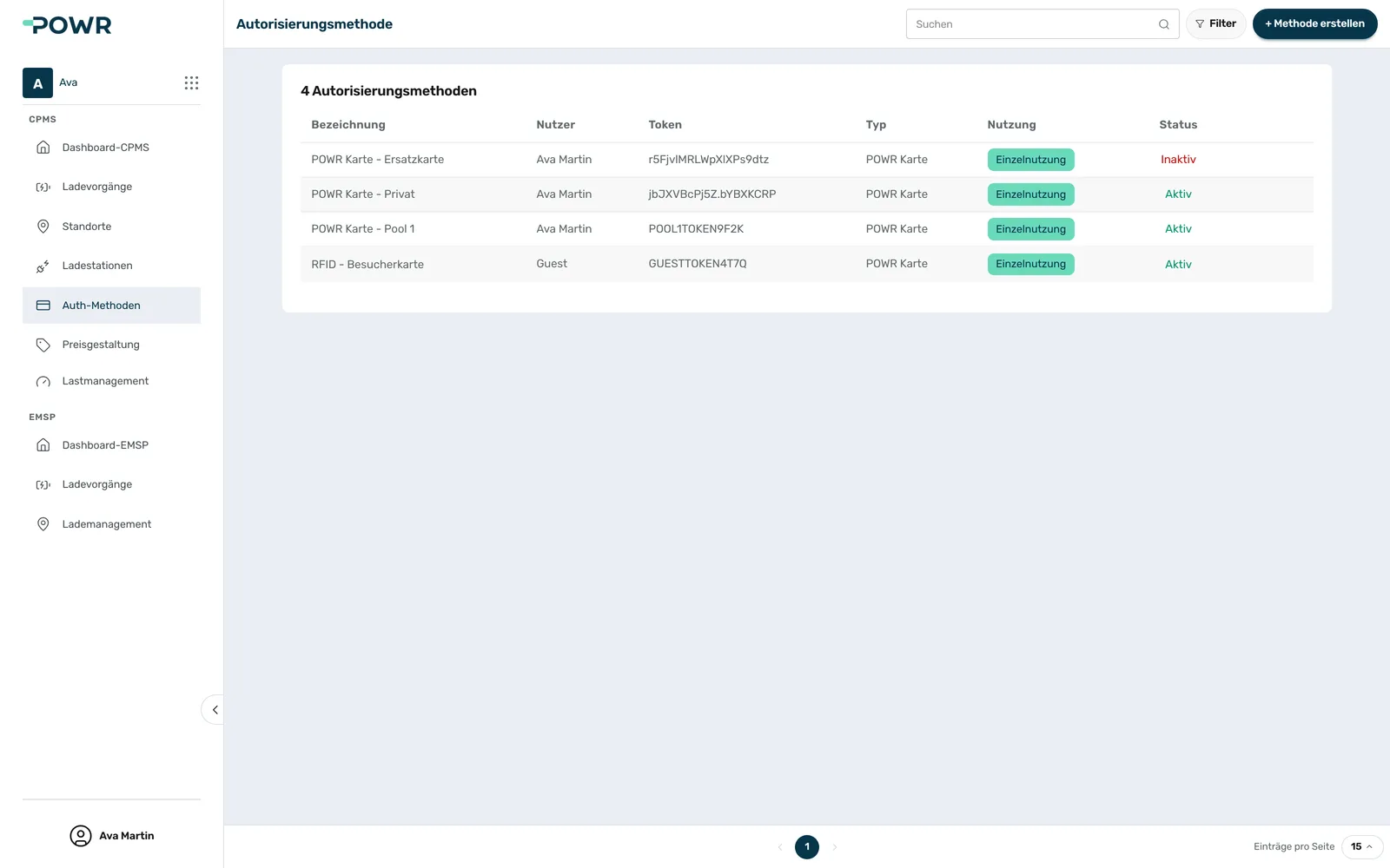 Managing charge cards and authorisation methods in the POWR platform.