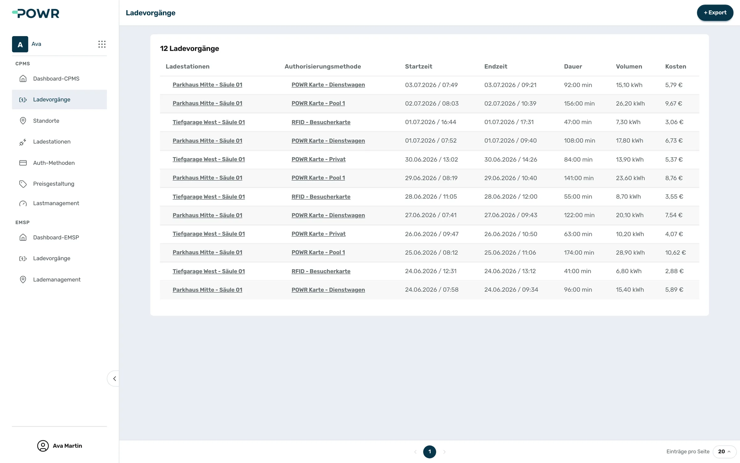 List of charging sessions in the POWR platform with duration, energy and cost per session.
