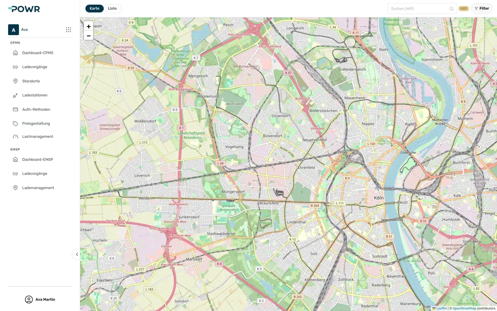 Interactive charging map in the POWR platform.